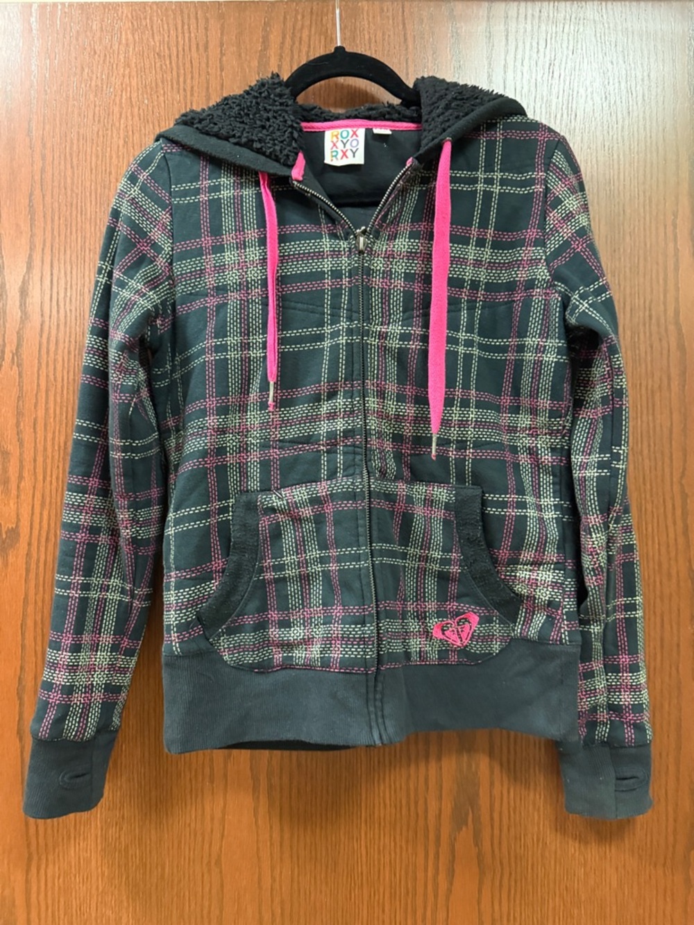 Roxy Black Plaid Zip Hoodie with Pink Accents